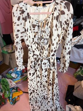 Sea New York Cream and Brown Spotted Ruffle Tie-Waist Maxi Dress